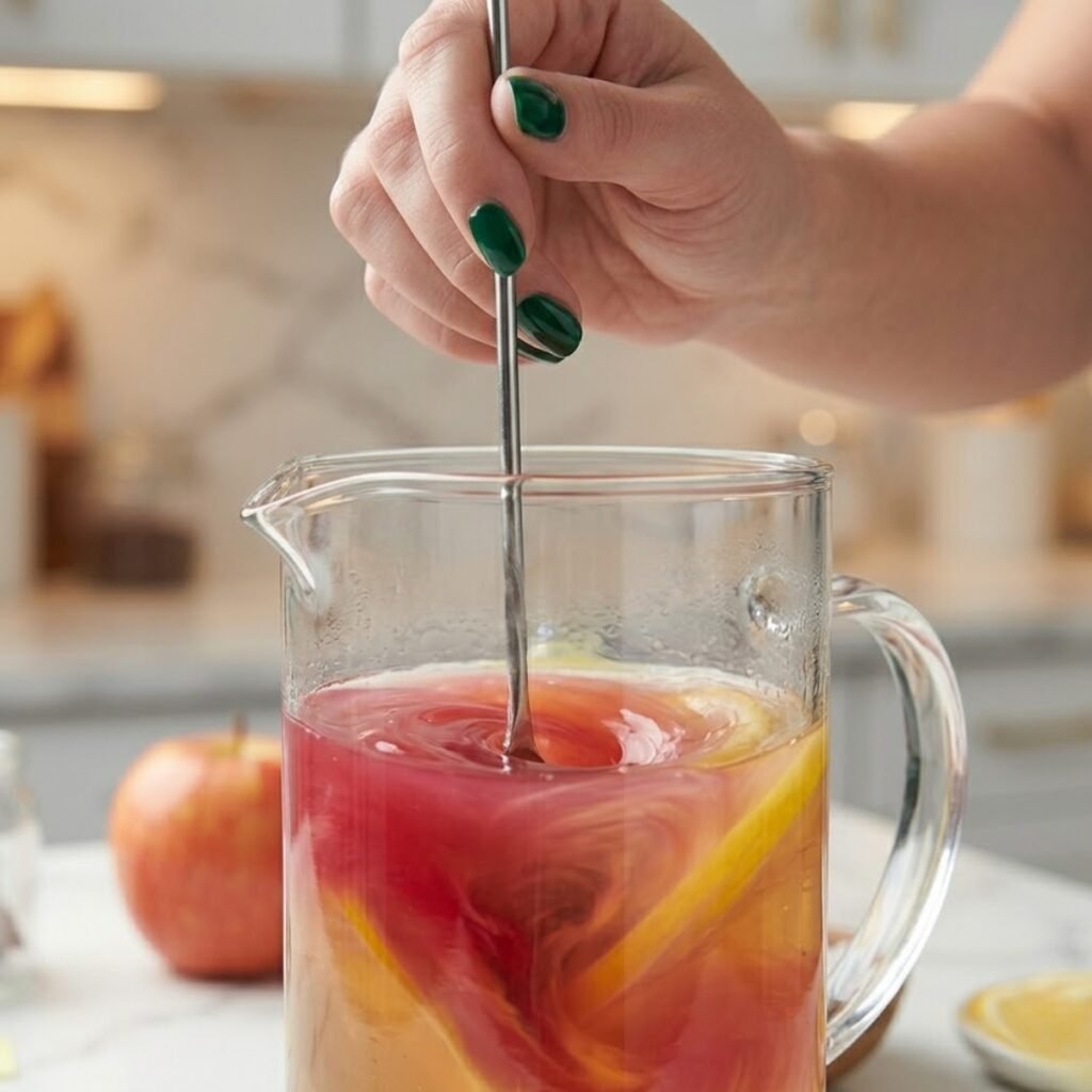 Close up of a hand stirring pink guava nectar and tea together in a glass pitcher.