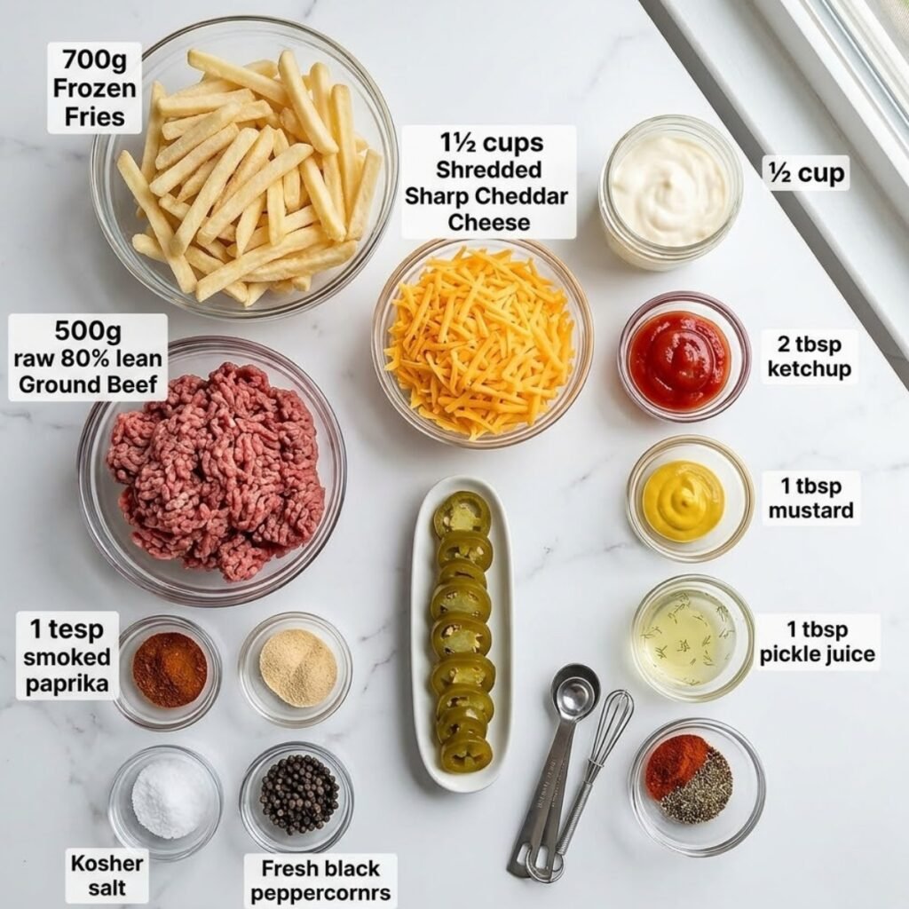 A professional overhead shot of all ingredients for Hearty Smash Burger Fries, organized in containers on a white and gold marble surface.