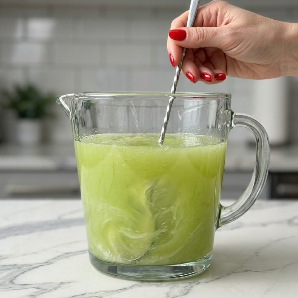 Close up of a long spoon stirring a pale green honeydew and lemon juice mixture inside a glass pitcher.