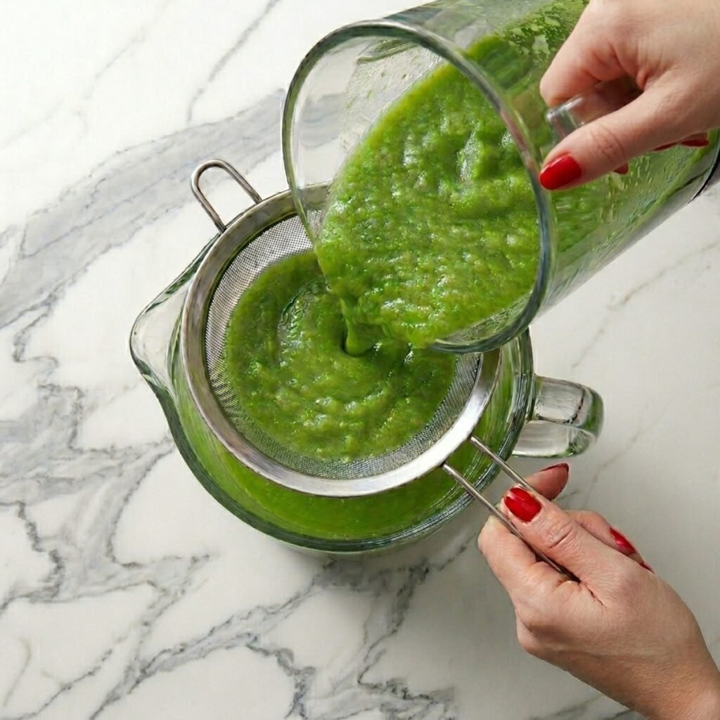 Close up of hands with red nails straining green honeydew purée through a fine mesh sieve into a glass pitcher.