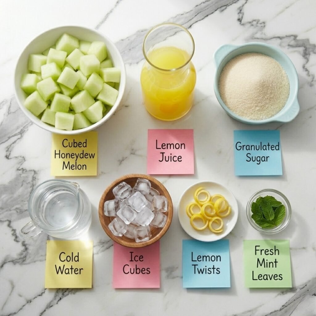 Top down flat lay of lemonade ingredients including cubed honeydew melon, fresh lemon juice, sugar, and mint in bowls on a marble counter with sticky notes.