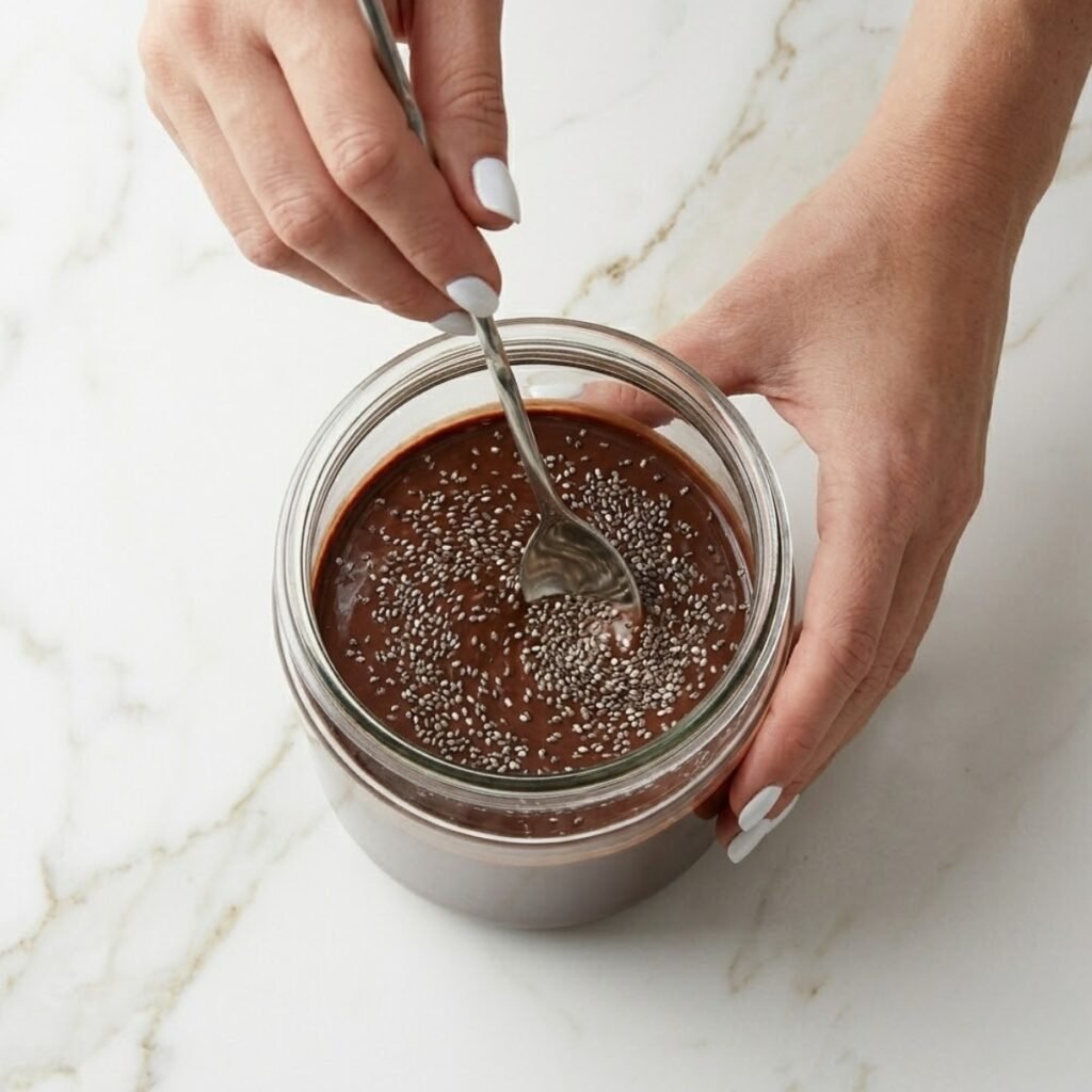 A detailed shot showing the process of stirring chia seeds into the chocolate base to ensure even distribution and prevent clumping.