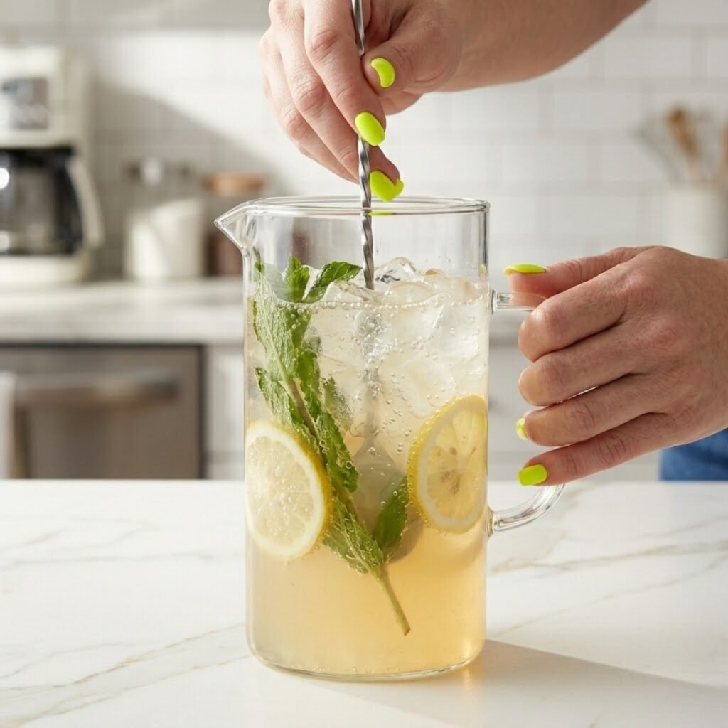 Illustrating the process of adding fresh mint and lemon slices to the pitcher to infuse the lemonade with a subtle herbal fragrance and bright visual appeal.