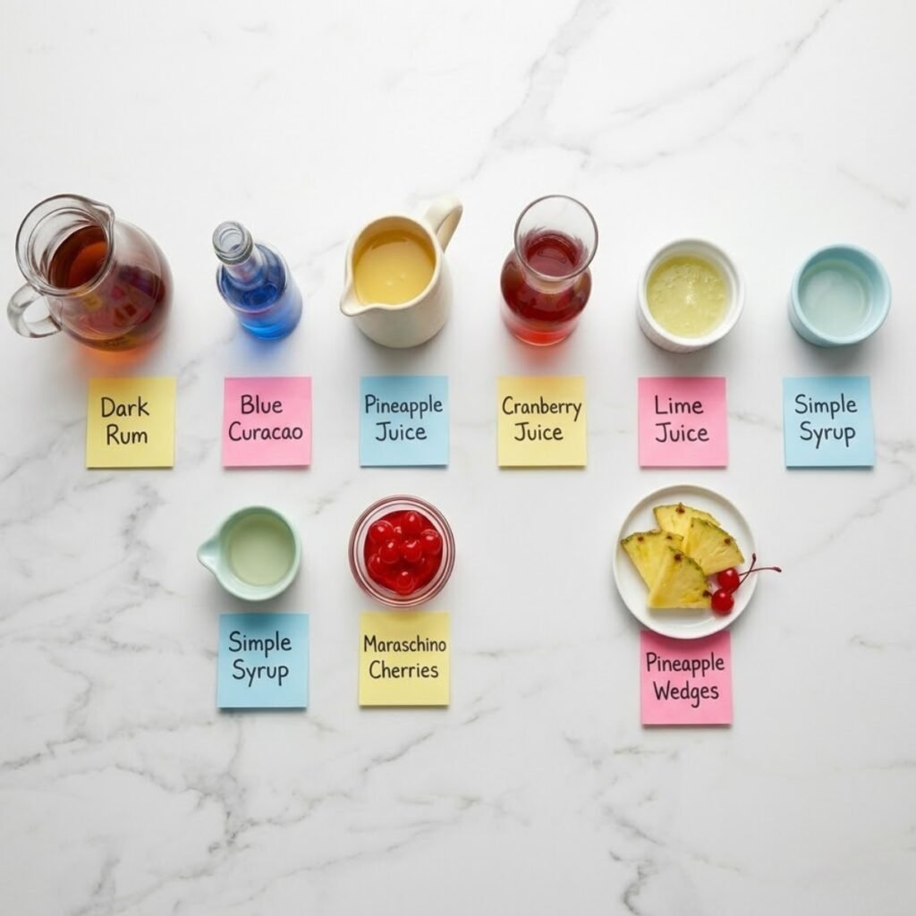 Top down flat lay of cocktail ingredients including Jamaican rum, blue curacao, juices, and garnishes in various bowls on a marble counter with labels.