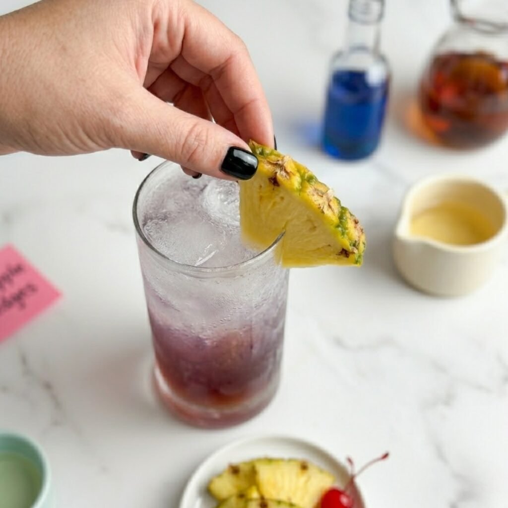 Woman with glossy black nails placing a pineapple wedge on a frosted highball glass.