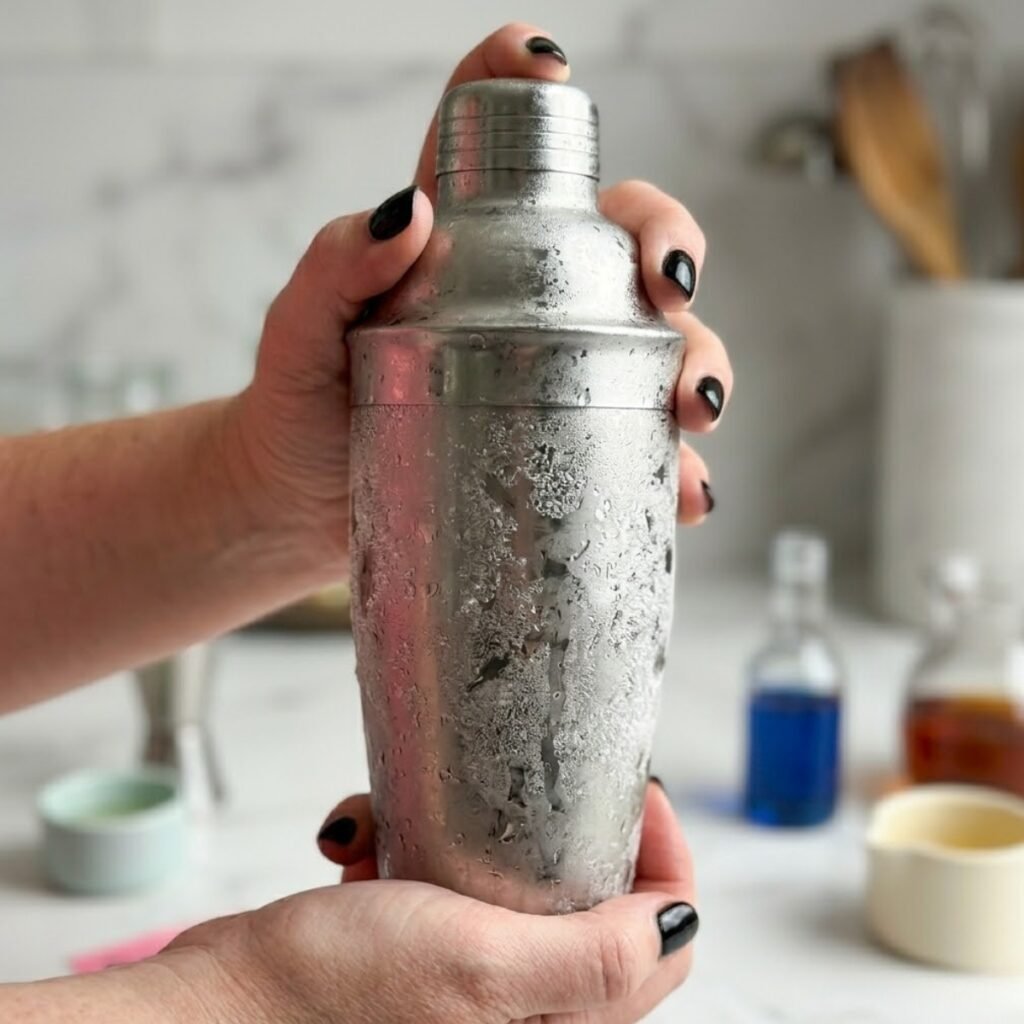 Close up of hands with black nails shaking a frosted stainless steel cocktail shaker.