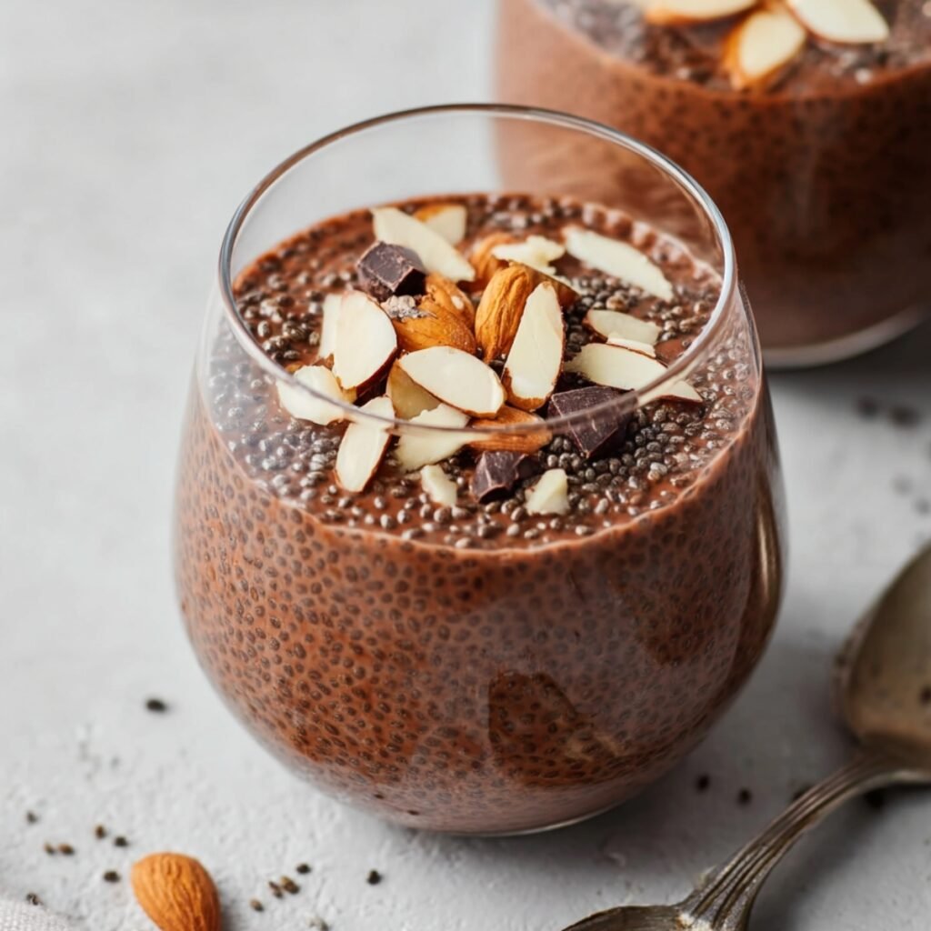 A glass of Keto Chocolate Chia Seed Pudding made with almond milk, topped with sliced almonds and dark chocolate chunks, with a second serving and spoons in the background.