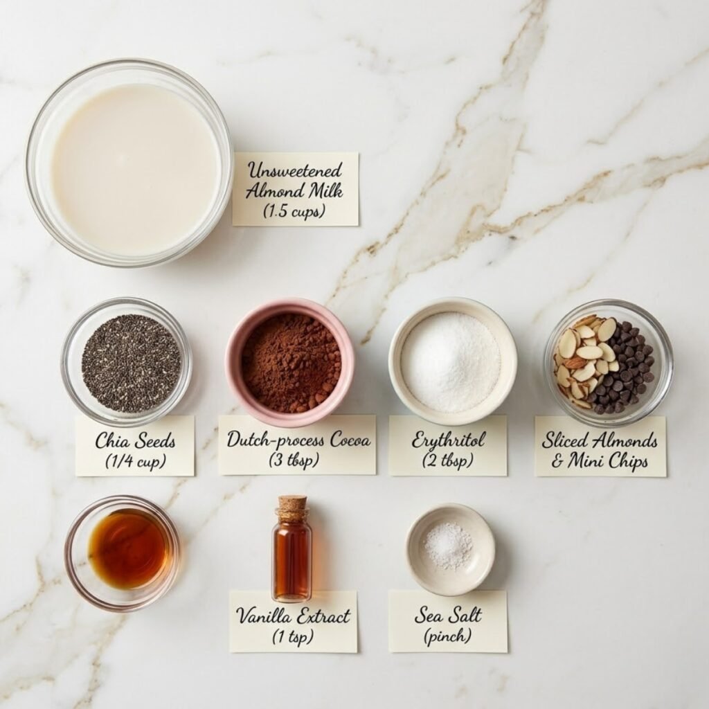 A professional mise en place shot showcasing the simple, keto-friendly ingredients needed to make creamy chocolate chia seed pudding.