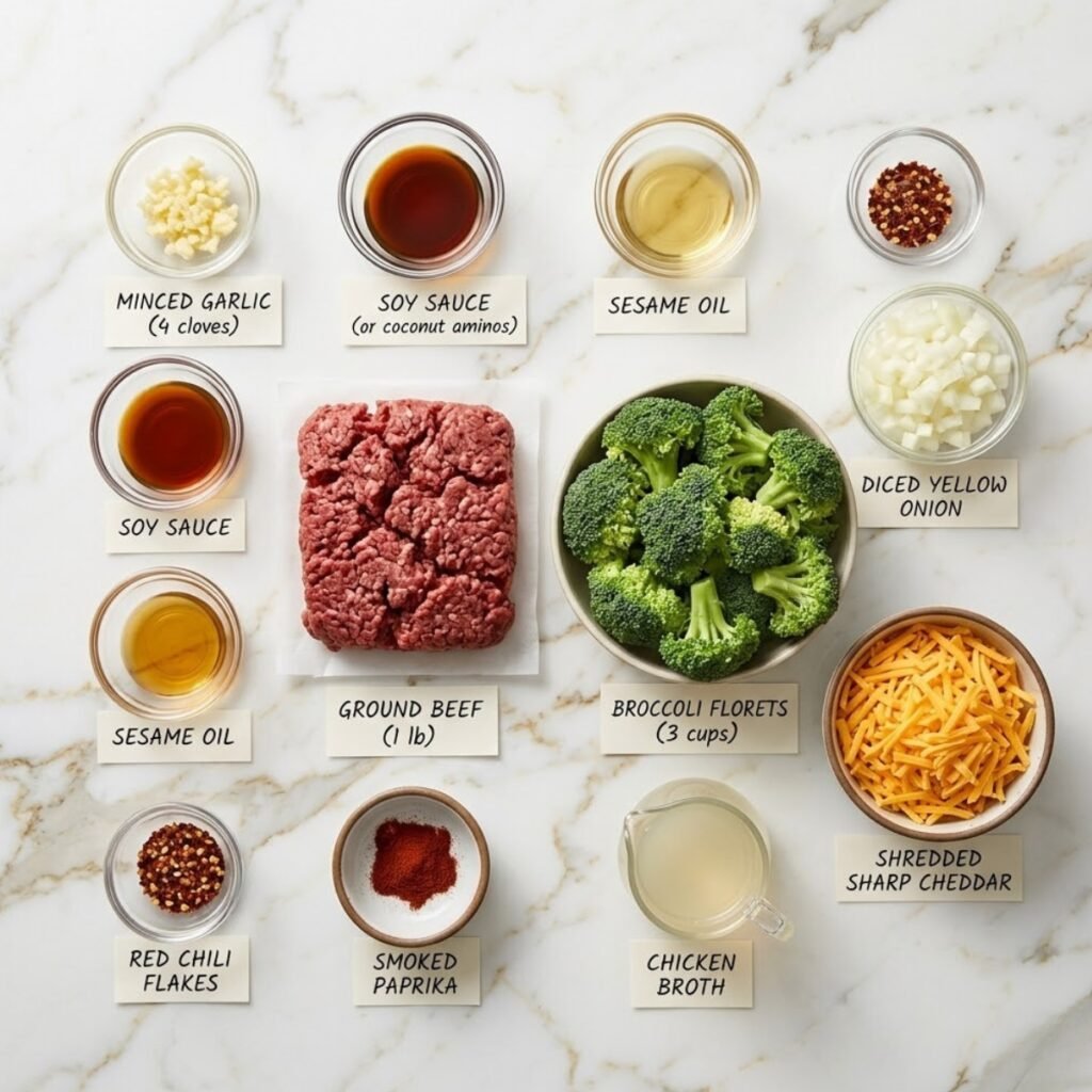 A professional mise en place shot showcasing the 80/20 ground beef, fresh broccoli, and savory seasonings needed for a quick one-pan keto meal.