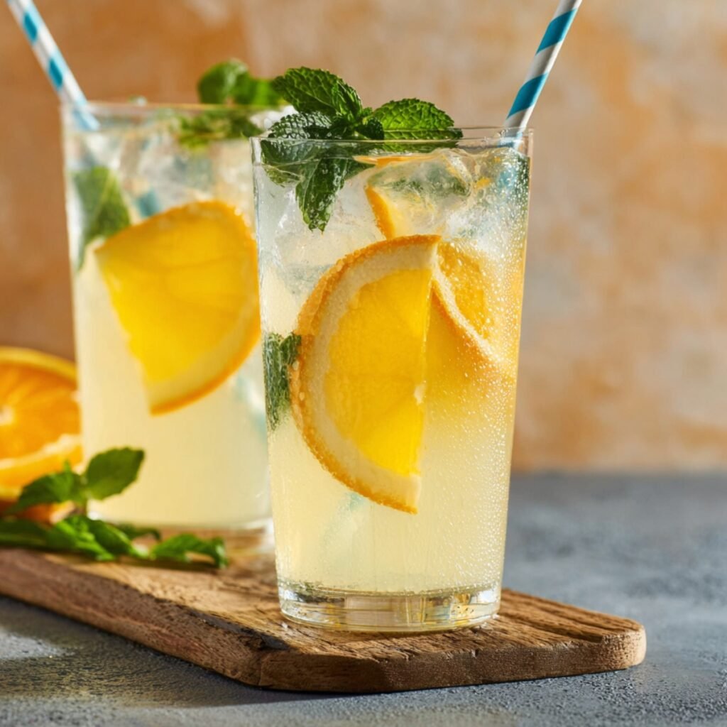 Two glasses of Keto Lemonade filled with ice, lemon slices, and fresh mint, served with blue striped straws on a wooden board.