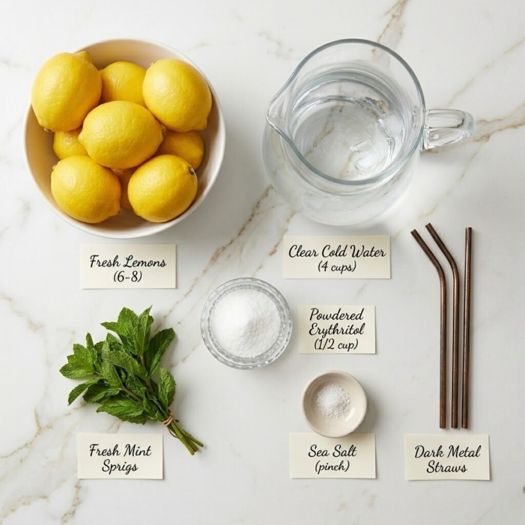 A professional mise en place shot showcasing the fresh lemons and keto-friendly staples needed to make a refreshing pitcher of sugar-free lemonade.