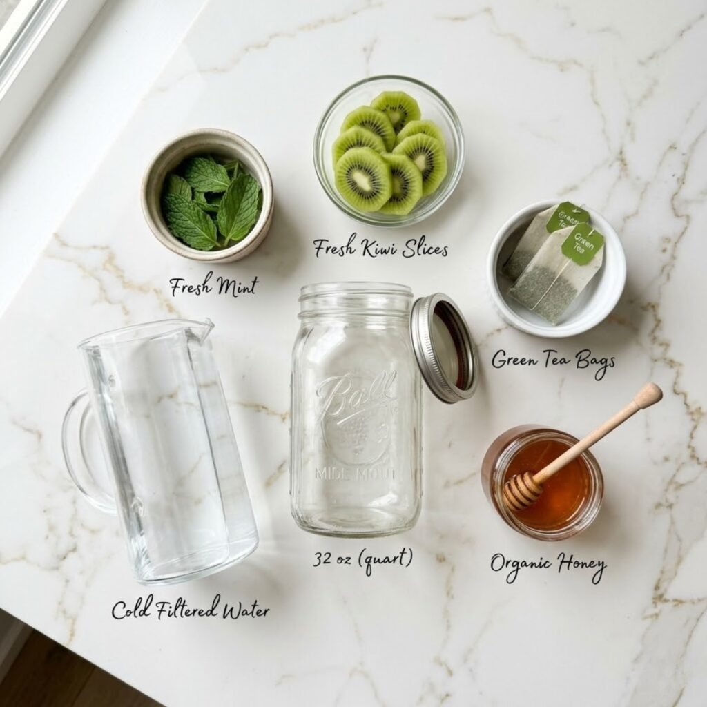 A professional, bright mise en place shot showcasing the fresh kiwi, mint, and green tea needed to create a refreshing overnight cold brew.