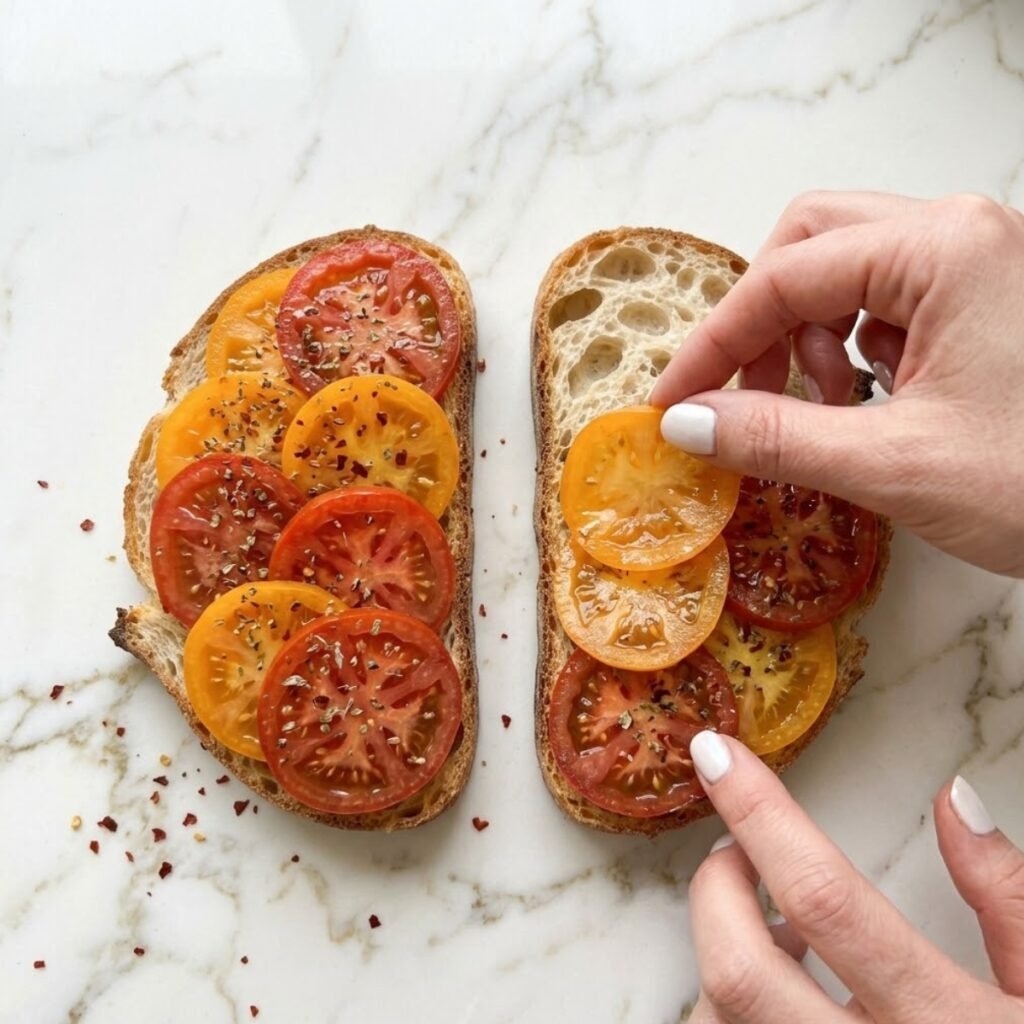 A detailed shot illustrating the assembly of colorful tomato slices and savory seasonings before the toast goes into the air fryer.