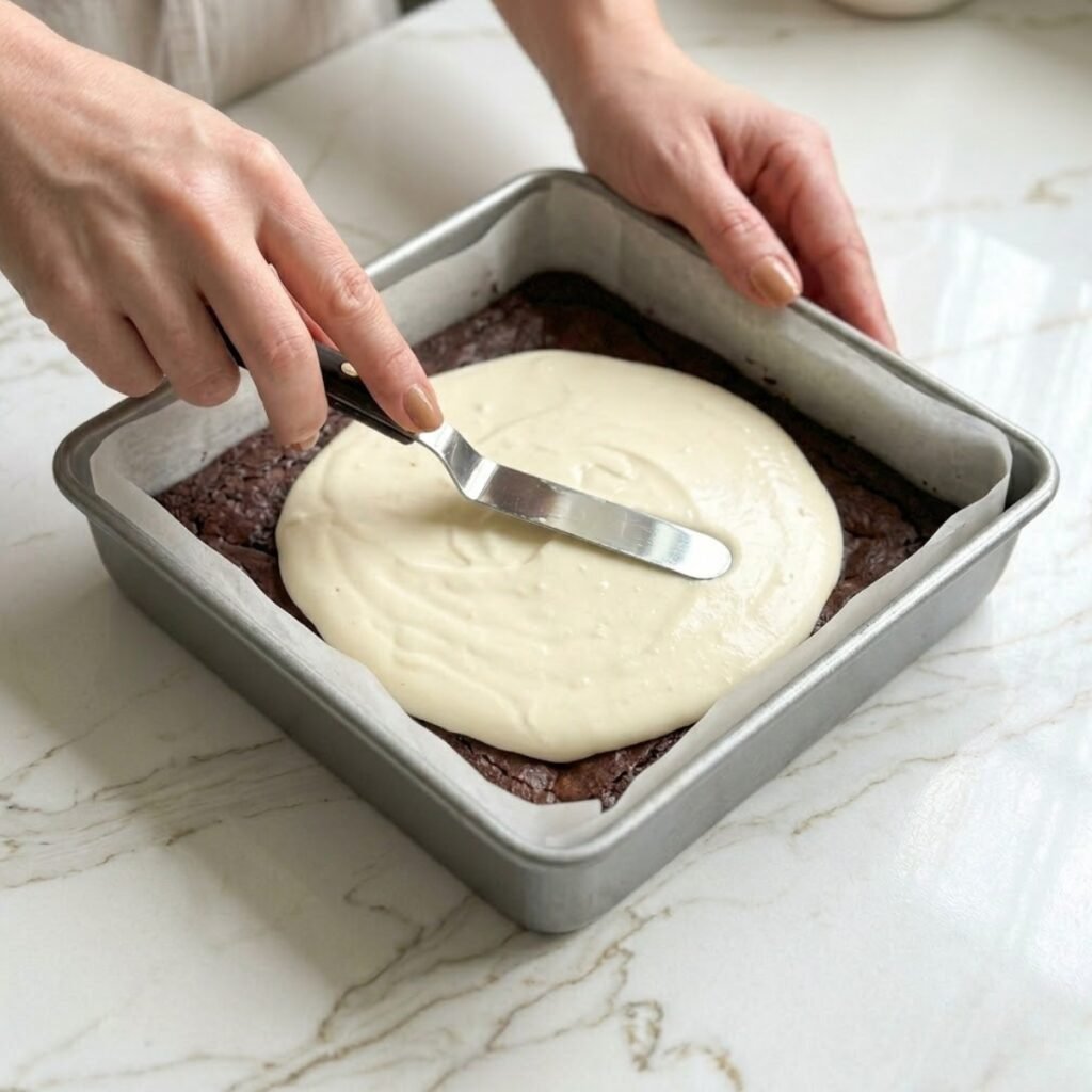 Instructional close-up showing how to spread a level layer of cheesecake over a dense chocolate brownie base to ensure clean horizontal bands in the final bite.