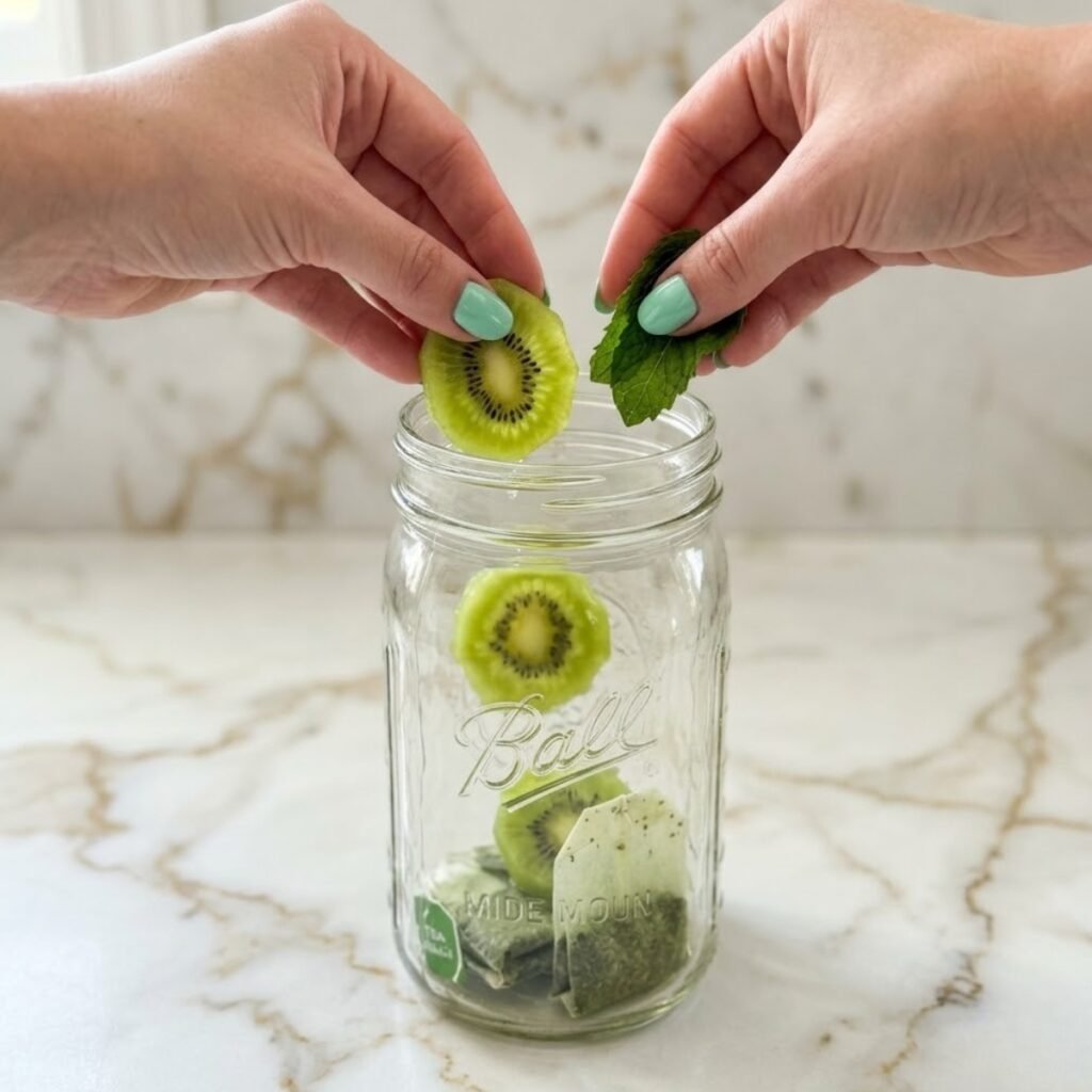 An instructional close-up showing how to properly layer the kiwi slices and pressed mint leaves into the jar for an even, flavorful steep.