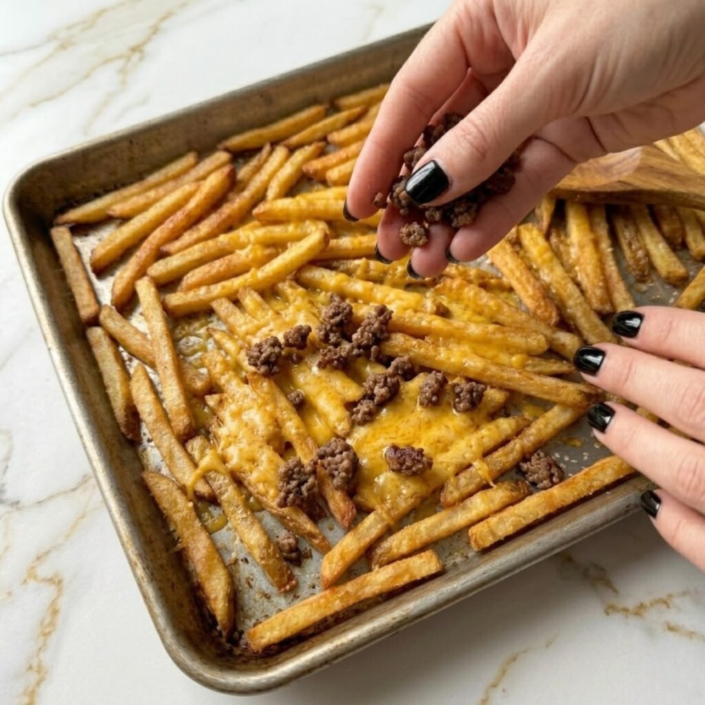 Action shot showing the beef being layered over melted cheddar on a bed of crispy fries.