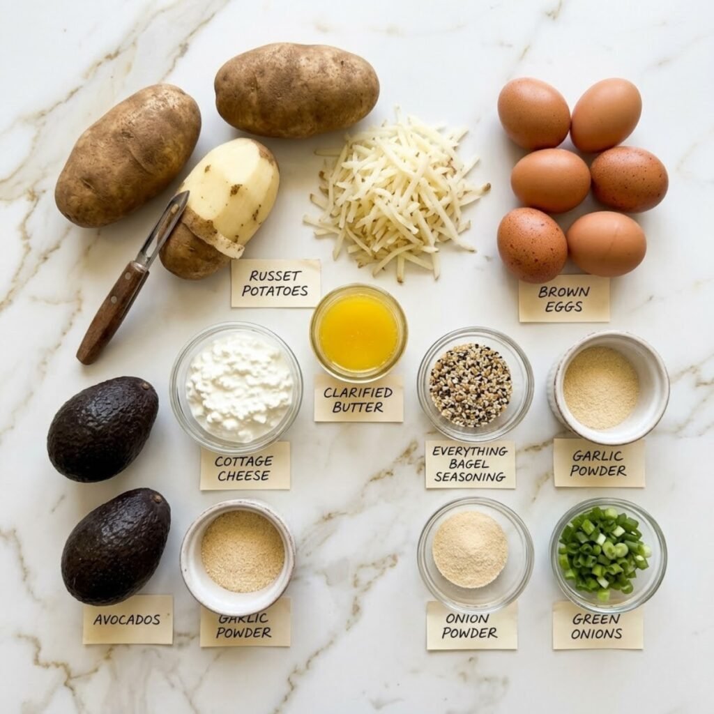A professional mise en place shot showcasing the fresh russet potatoes, eggs, and creamy toppings needed for a celebratory breakfast stack.