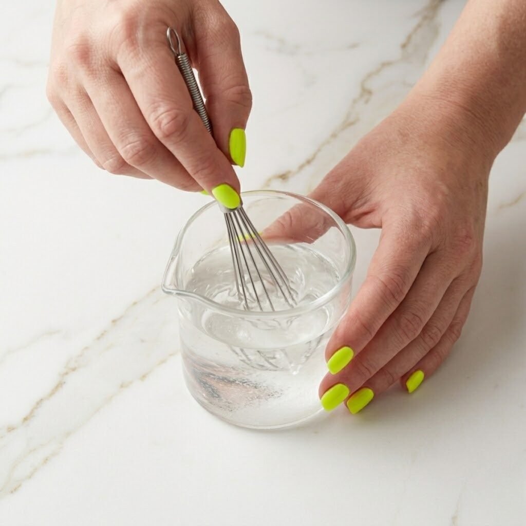 An instructional close-up showing how to properly dissolve keto sweetener in warm water to ensure a smooth, grit-free lemonade.