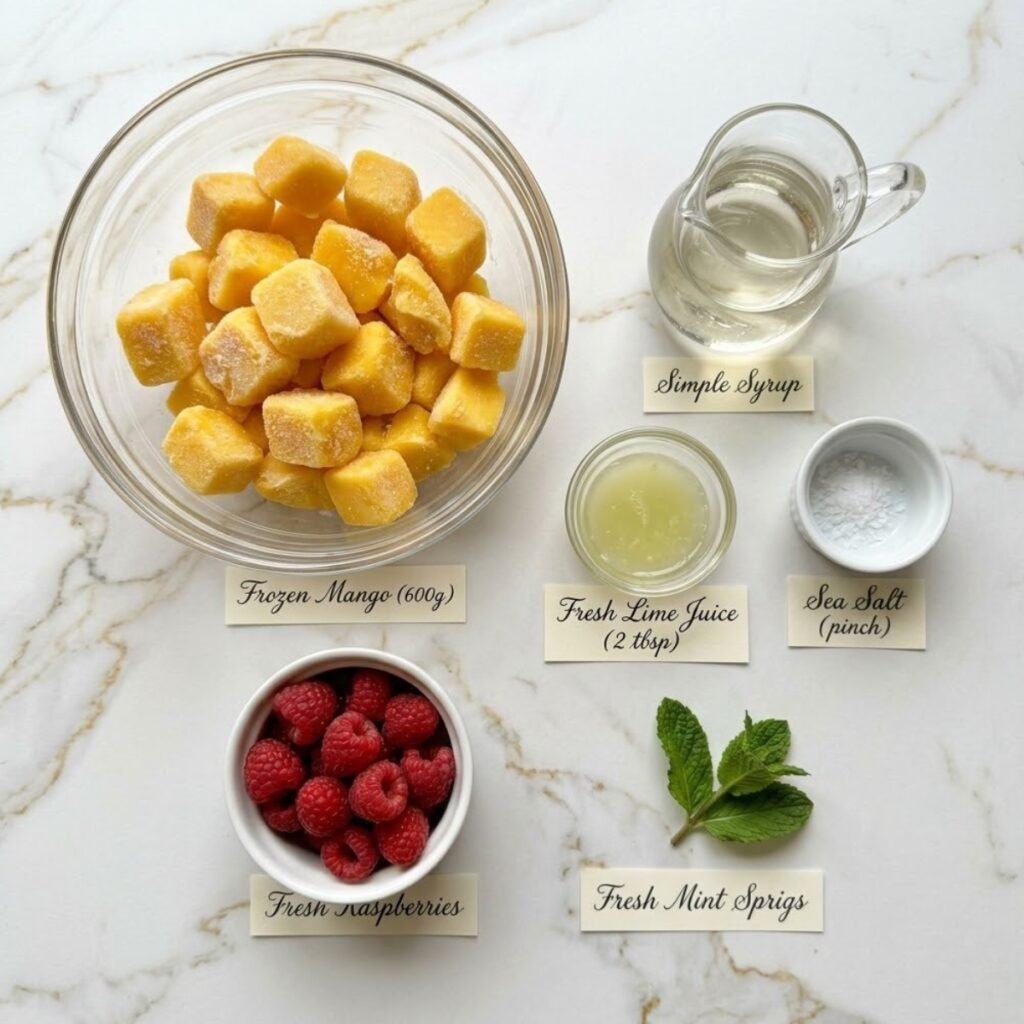 A professional mise en place shot of all ingredients needed for a smooth, no-churn Mango Sorbet, highlighting fresh mango, lime, and garnishes.