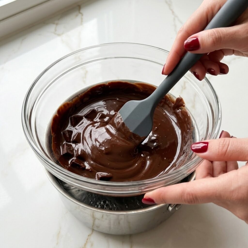 An instructional close-up showing the process of melting dark chocolate and butter together to form the rich, fudgy base of the waffle batter.
