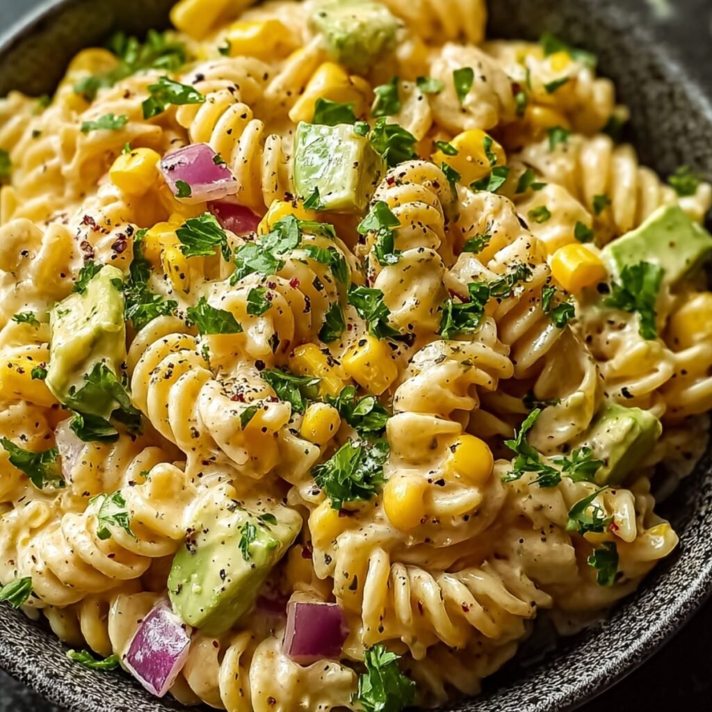Close-up overhead view of a dark textured bowl heaped with creamy Mexican street corn pasta salad featuring rotini pasta coated in a tangy chili-lime cream dressing, mixed with sweet yellow corn kernels, diced red onion, and chunky avocado pieces, generously topped with chopped fresh cilantro and cracked black pepper and red chili flakes.