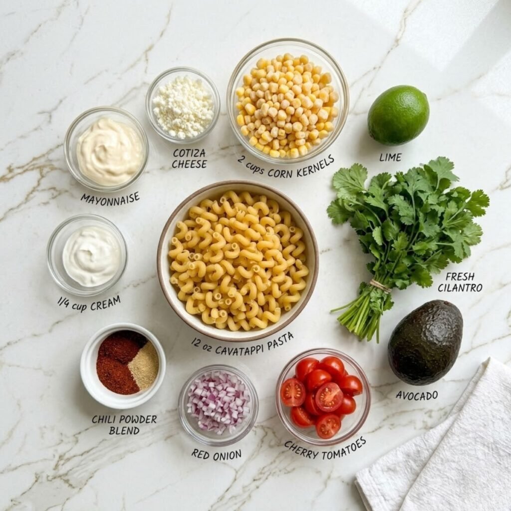 A professional mise en place shot showcasing the colorful vegetables, pasta, and creamy dressing components needed for this crowd-pleasing elote-style salad.
