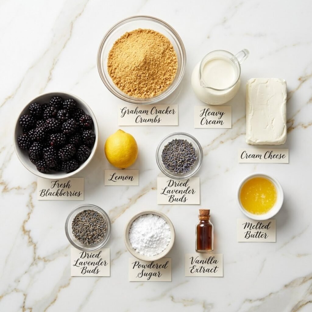 A professional mise en place shot showcasing the fresh berries, culinary lavender, and creamy staples needed to create elegant mini cheesecakes.