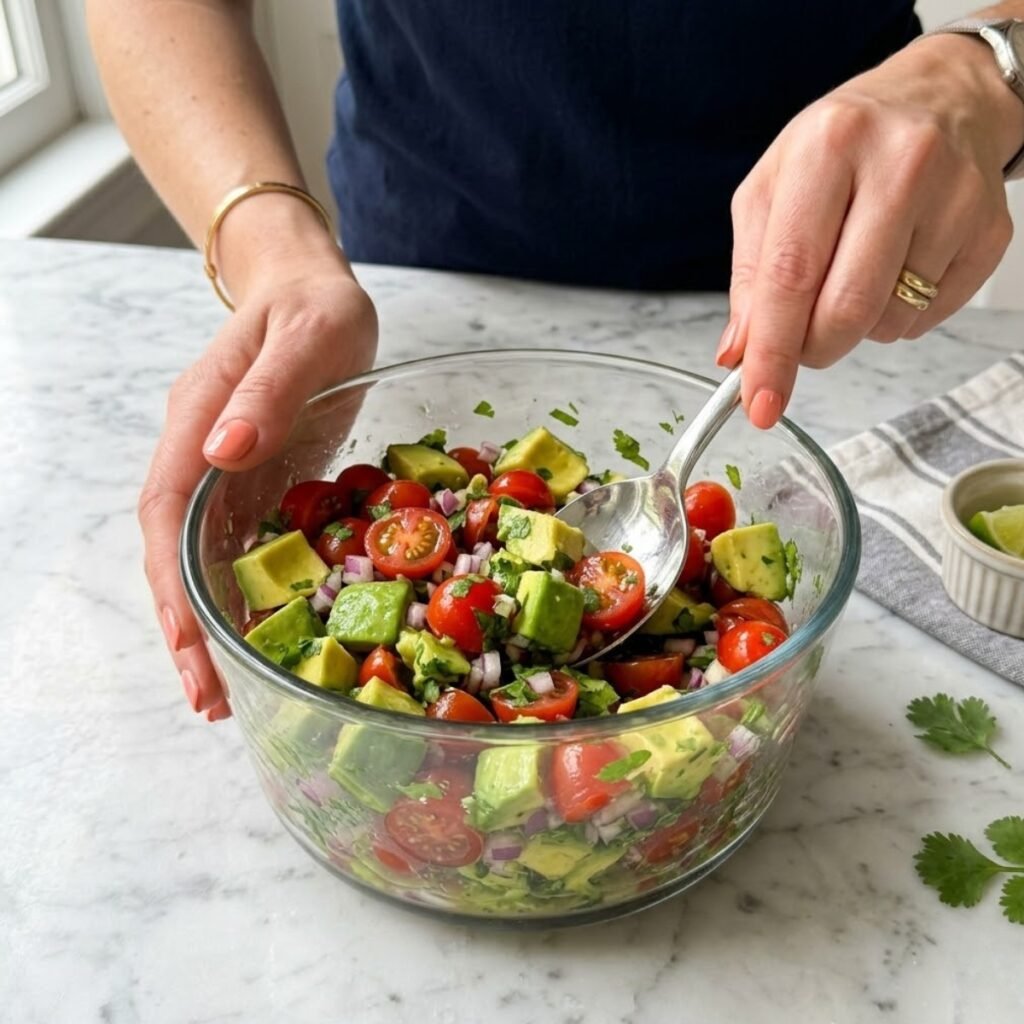 Illustrating the gentle folding technique required to keep the avocado cubes perfectly intact while coating them in fresh lime juice and herbs.