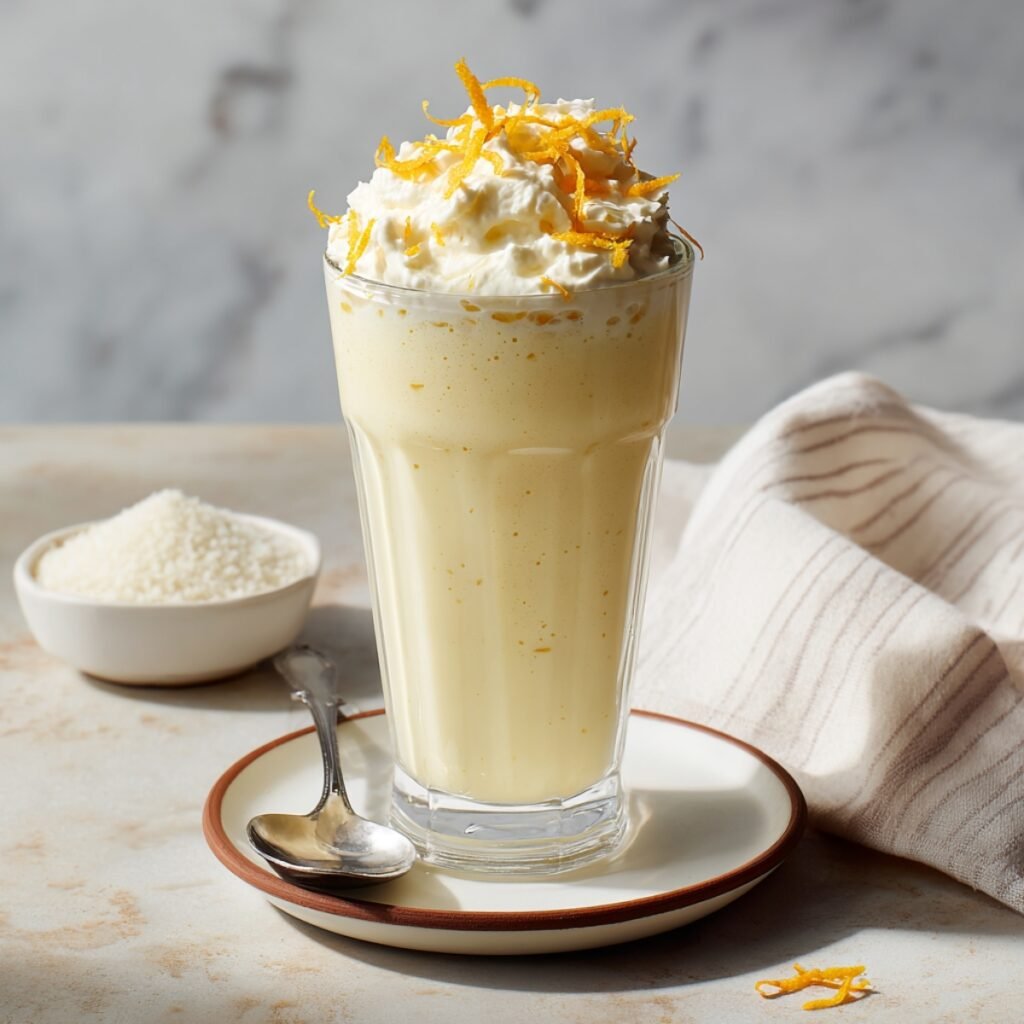 A tall glass of Orange Creamsicle Shake topped with whipped cream and orange zest, served on a saucer with a spoon and a small bowl of sugar nearby.