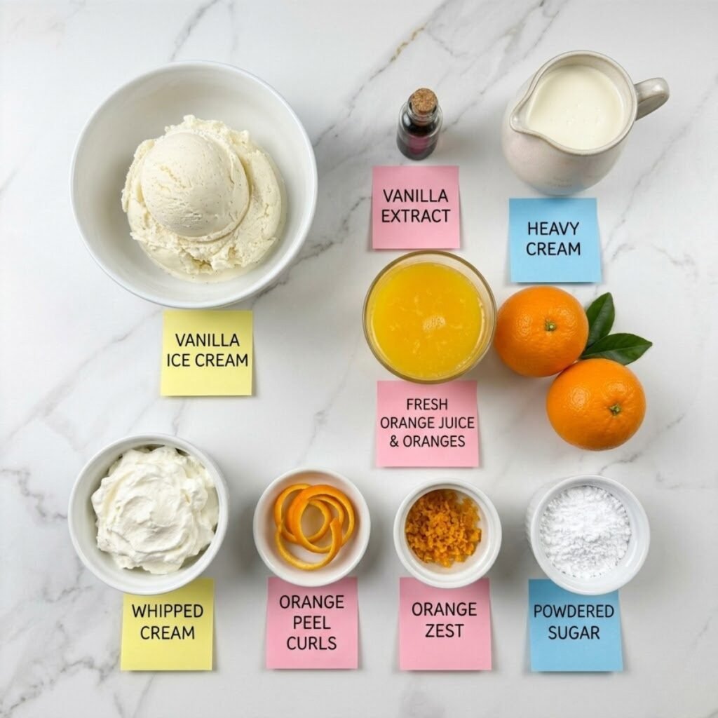 A professional mise en place shot showcasing the fresh citrus and creamy staples needed to make a thick, flavorful Orange Creamsicle Shake.