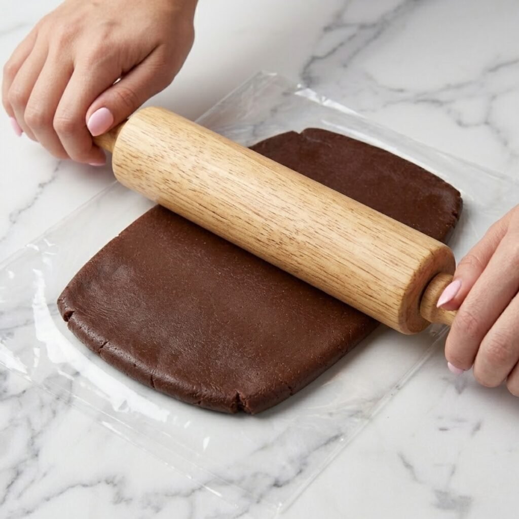Close up of hands rolling out dark chocolate cookie dough between sheets of plastic wrap with a wooden rolling pin.