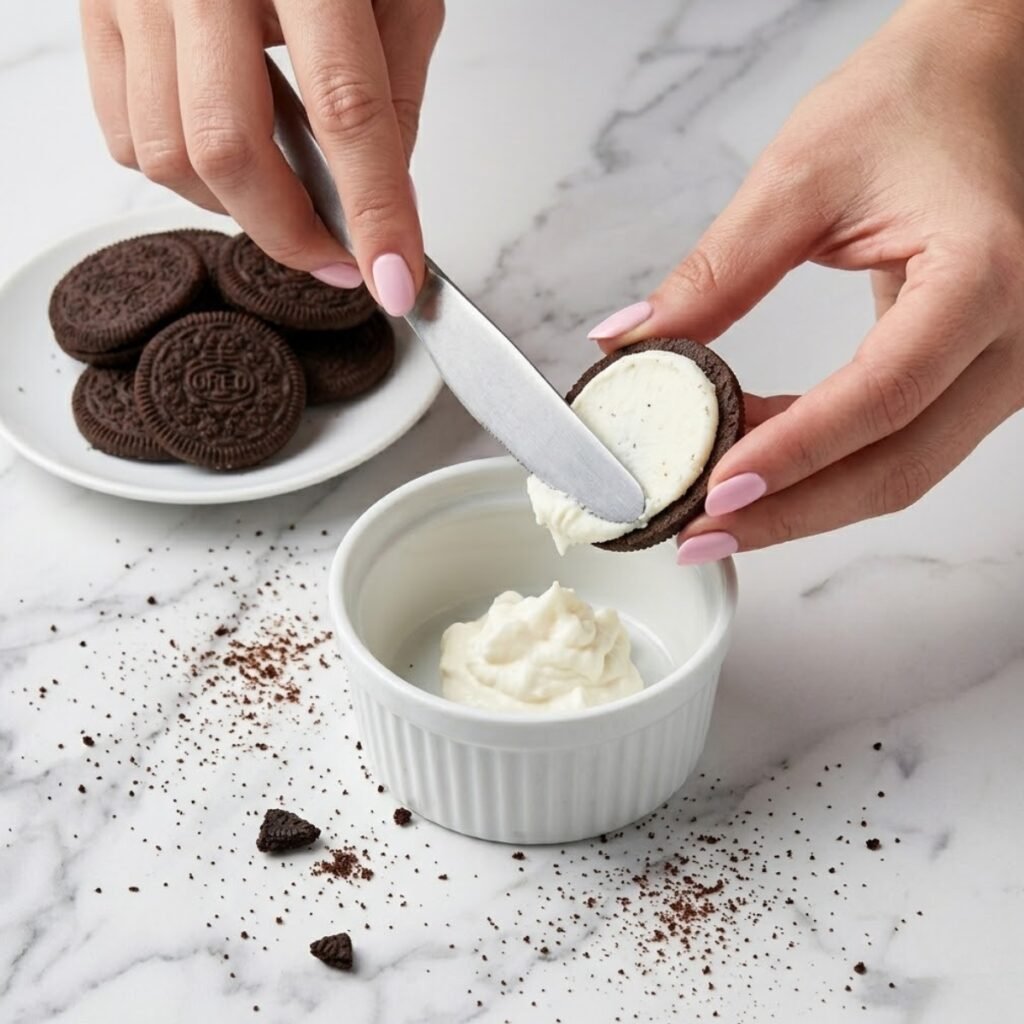 Close up of hands with baby pink nails scraping white cream filling off a chocolate cookie into a white ramekin.