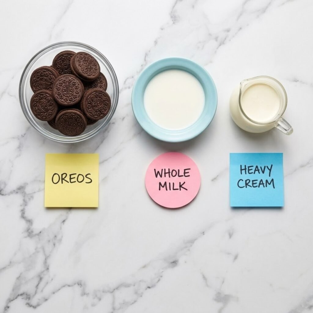 Top down flat lay of whole sandwich cookies, milk, and heavy cream in separate bowls on a marble counter with sticky notes.