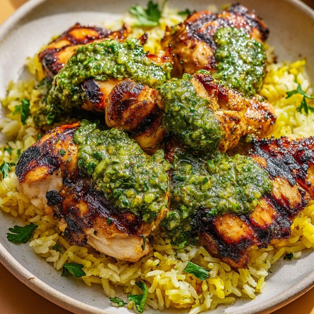 A rustic speckled ceramic plate piled with charred and caramelized Peruvian-spiced chicken thighs resting on a bed of fluffy yellow seasoned rice, generously smothered with vibrant chunky green aji verde sauce made of blended cilantro, jalapeño, and herbs, garnished with fresh parsley leaves, on a warm wooden surface.