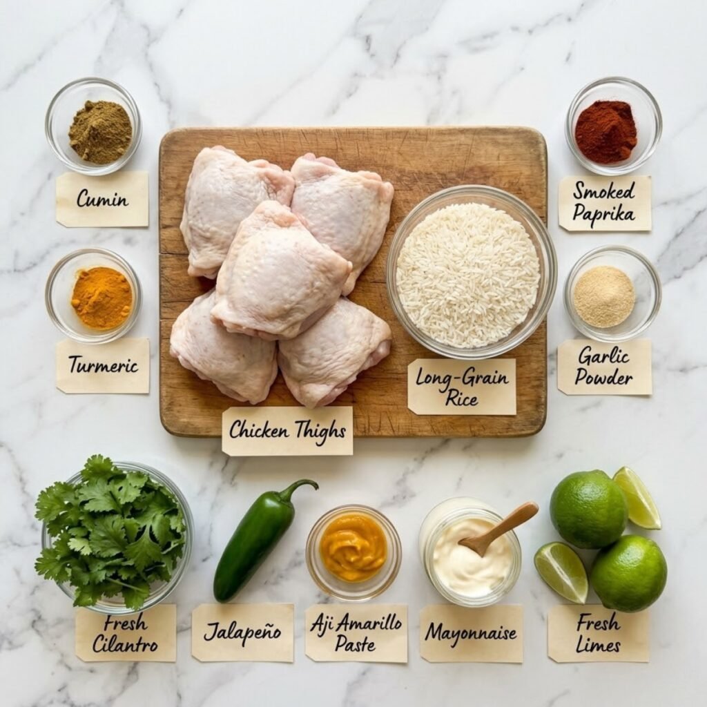 A professional mise en place shot showcasing the colorful spices, fresh cilantro, and chicken thighs needed to create this classic Peruvian-inspired meal.