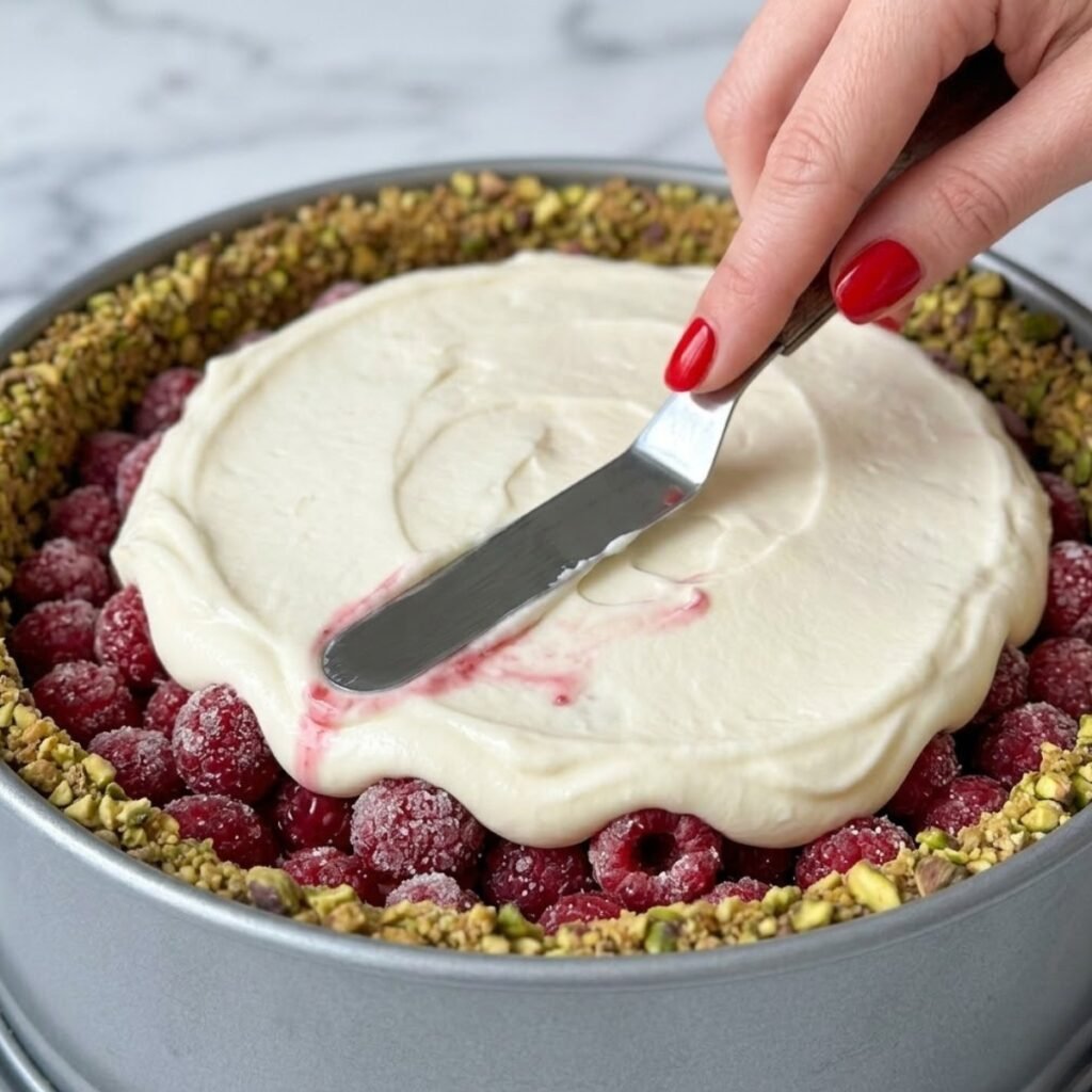 Close up of cream cheese being spread over raspberries in a springform pan.