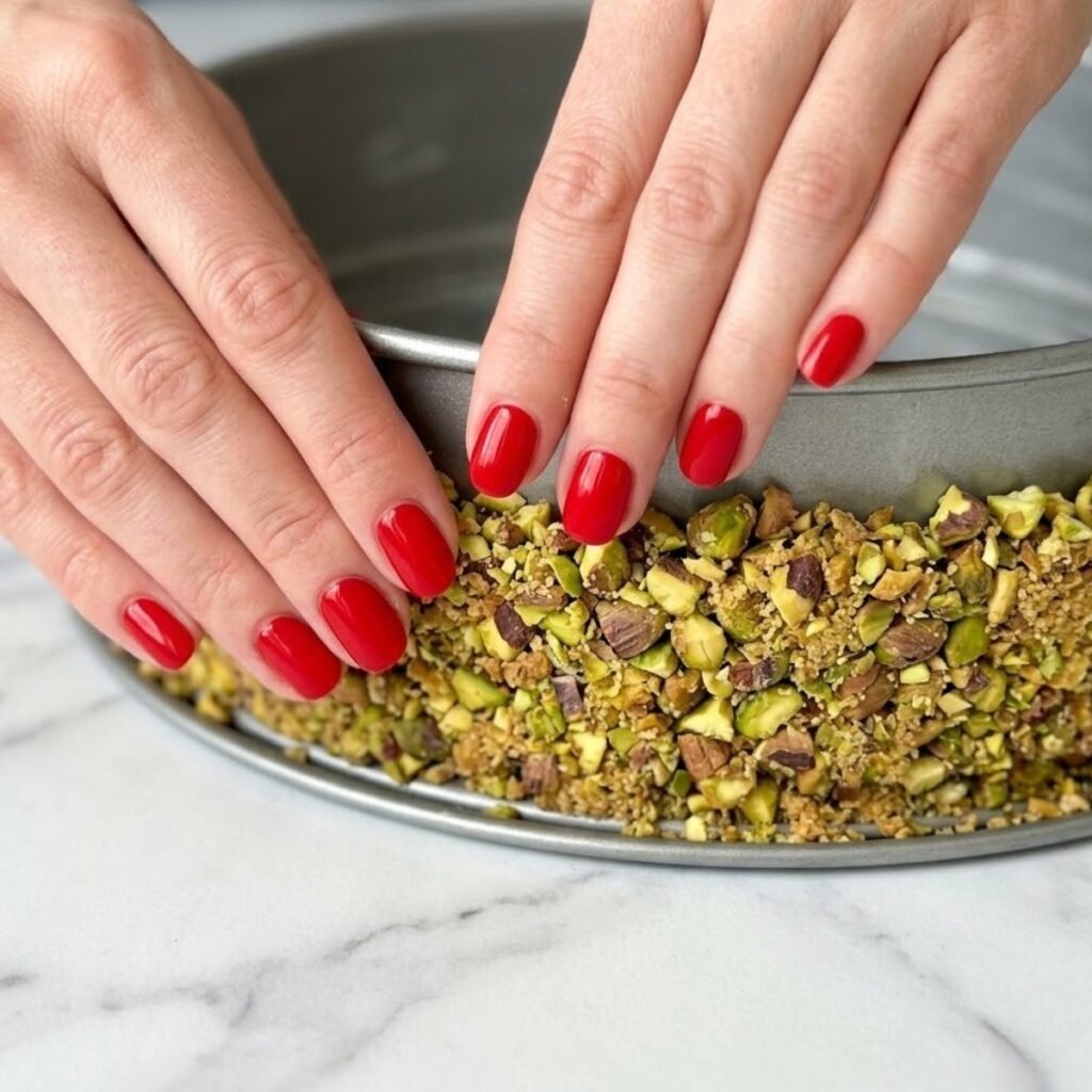 Woman with classic red nails pressing a pistachio crust into a springform pan.