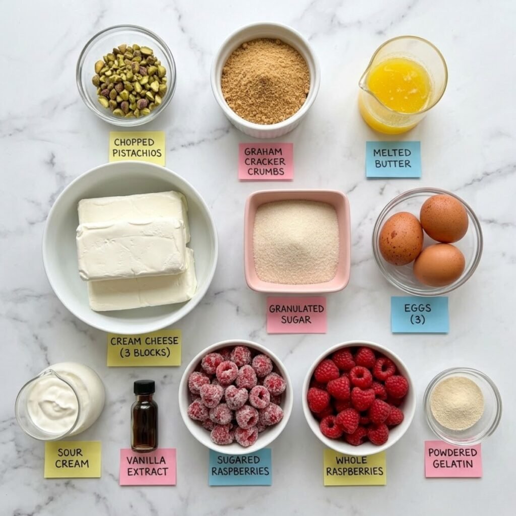 Top down flat lay of cheesecake ingredients including pistachios, cream cheese, and raspberries in bowls on a marble counter with labels.
