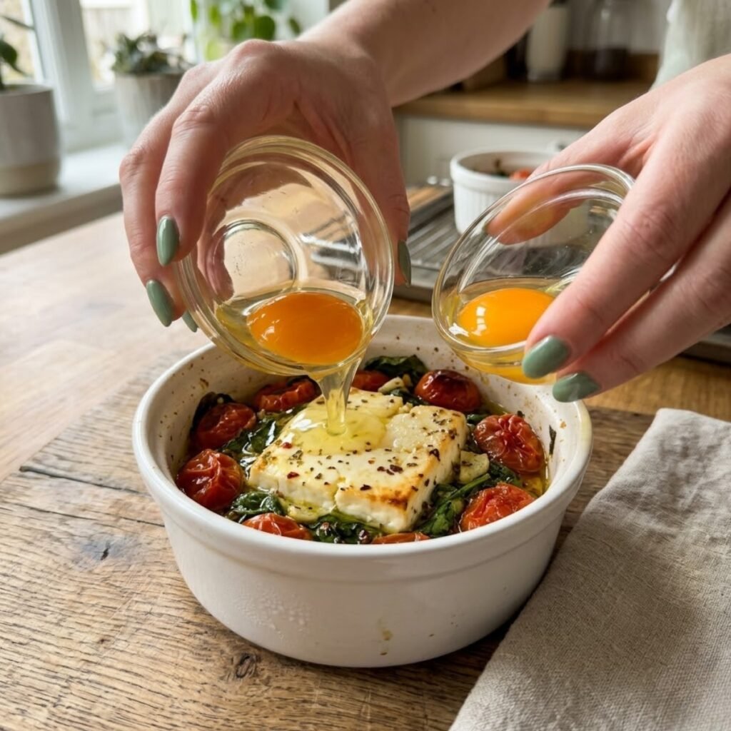 A detailed shot capturing the careful placement of eggs over the pre-baked feta and vegetable mixture to ensure perfectly set whites and runny yolks.