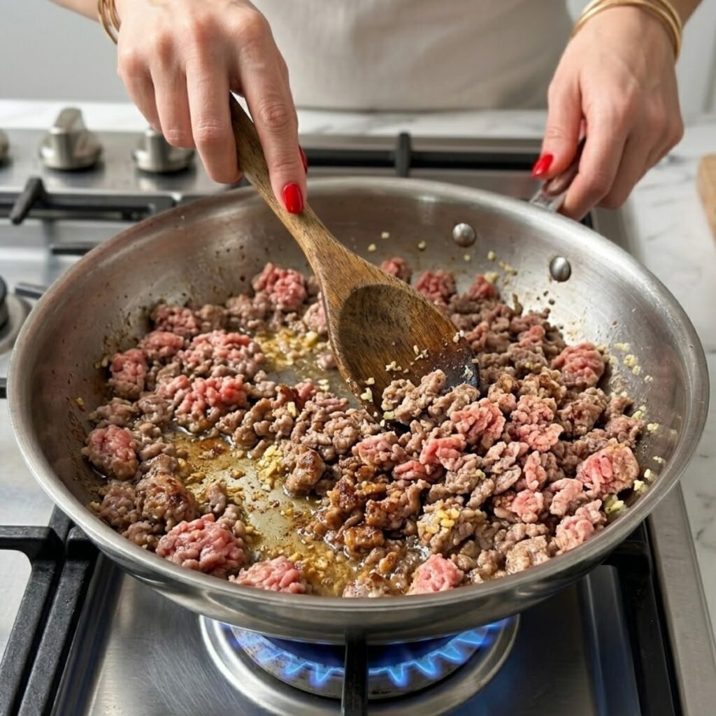 Close up of hands with classic red nails browning ground pork with a wooden spoon in a skillet on a gas stove.