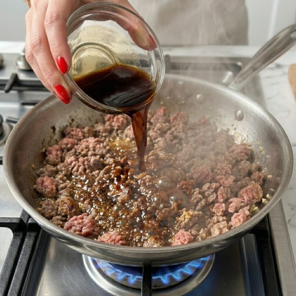 Close up of a dark soy sauce mixture being poured into a hot skillet with ground pork, producing steam on a gas stove.