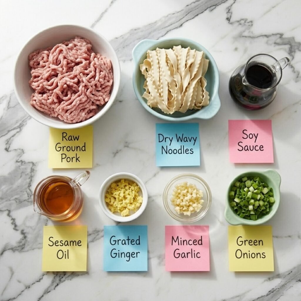 Top down flat lay of ground pork, wavy noodles, soy sauce, ginger, garlic, and green onions in bowls on a marble counter with labels.