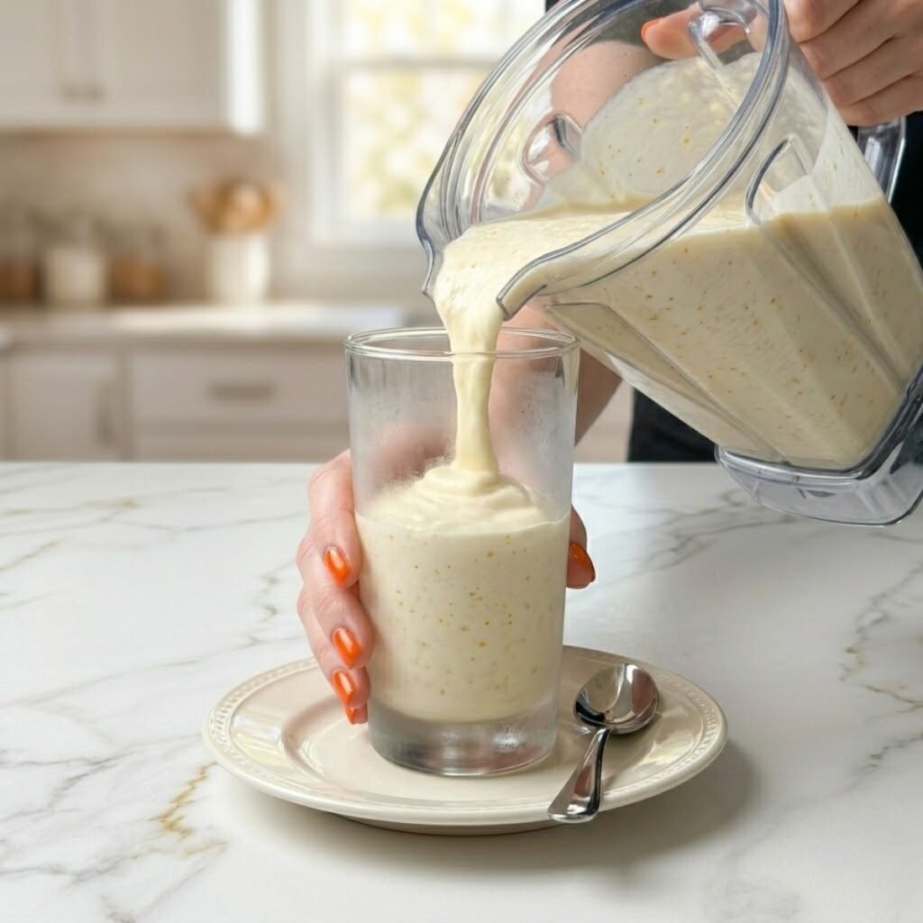 Illustrating the process of pouring the thick, vanilla-orange base into a chilled glass for a professional dessert presentation.
