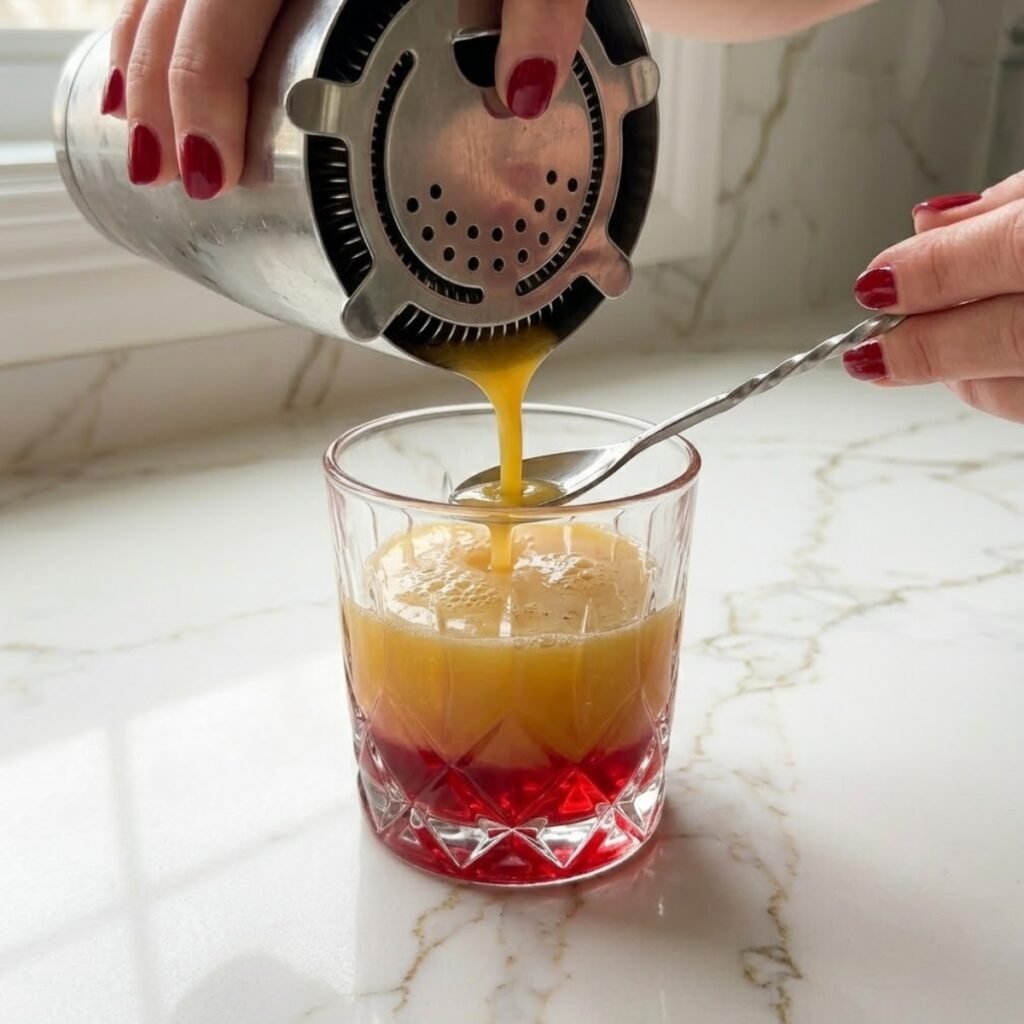 Showcasing the delicate technique of pouring the golden layer over a bar spoon to maintain a perfect color gradient.