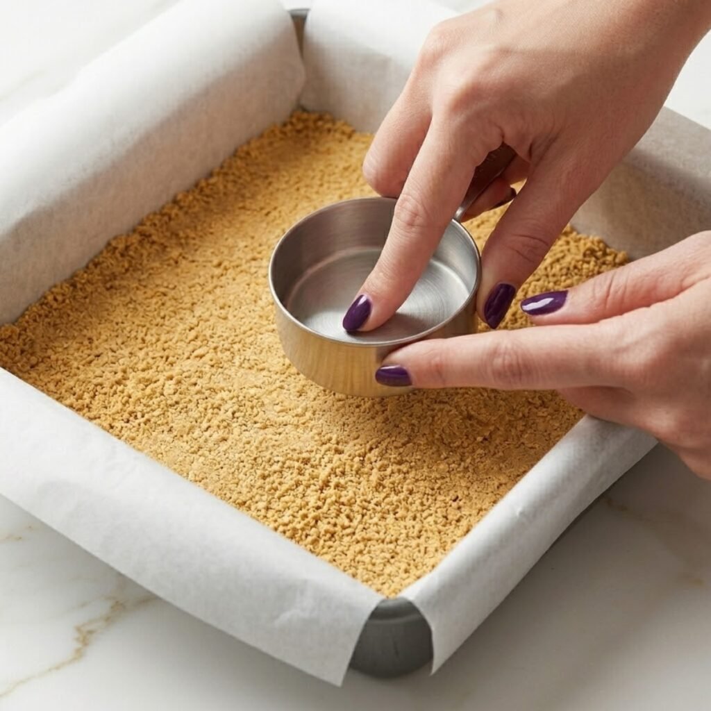 Instructional close-up showing how to press a firm, even graham cracker base to ensure the bars have a clean, sliceable edge.