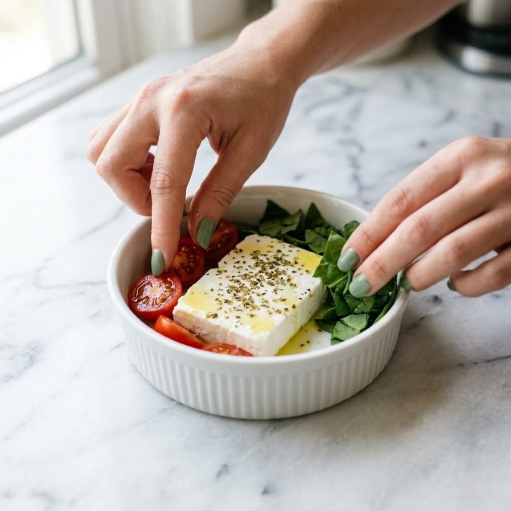 An instructional close-up showing how to arrange the feta cheese and fresh vegetables in the ramekin before the initial pre-bake.