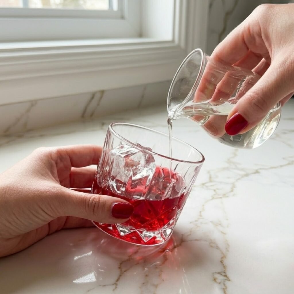 Instructional close-up showing the first step of building the cocktail's red base and chilling the faceted glass.