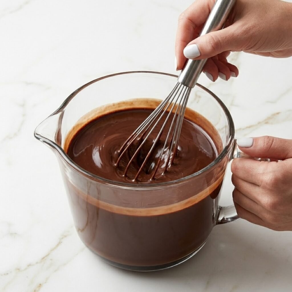 Instructional close-up of whisking cocoa and almond milk to create a smooth, lump-free base for chia pudding.