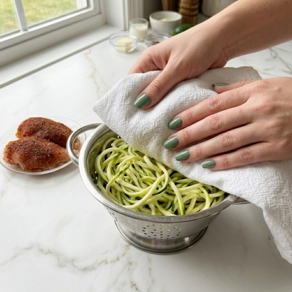 Instructional close-up of the essential step to prevent watery zoodles by salting and thoroughly drying the spiralized zucchini.