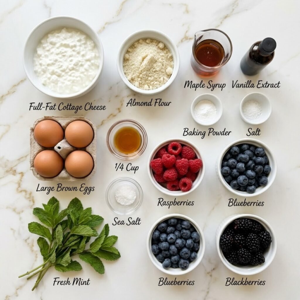 A professional mise en place shot showcasing the cottage cheese, almond flour, and vibrant triple berries needed to create a custardy, protein-packed breakfast bake.